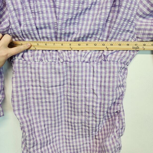 Zara Farmers Daughter Mini Dress Size M Purple Ruched Front Gingham Puff Sleeve - Picture 14 of 16